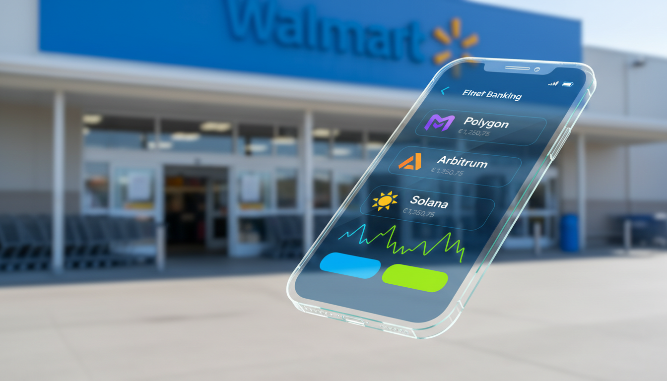 หน้าจอแอป OnePay แสดงโทเคน Polygon Arbitrum Solana พร้อมโลโก้ Walmart ด้านหลัง สื่อถึงการผนวกคริปโตกับบริการการเงิน