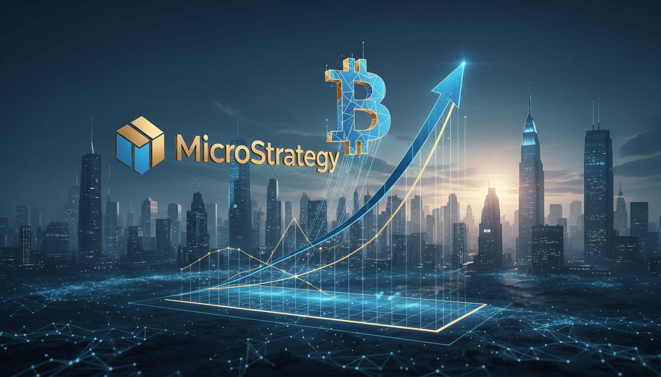 โลโก้ MicroStrategy กับกราฟ Bitcoin แสดงการหยุดพักสะสม