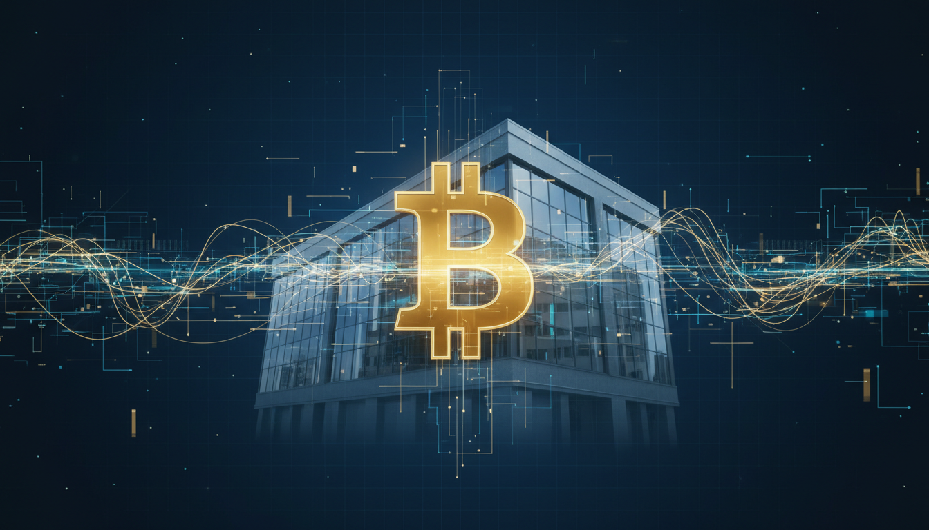 ภาพประกอบกฎระเบียบ Bitcoin Basel III กับตึกธนาคารและโลโก้ Bitcoin