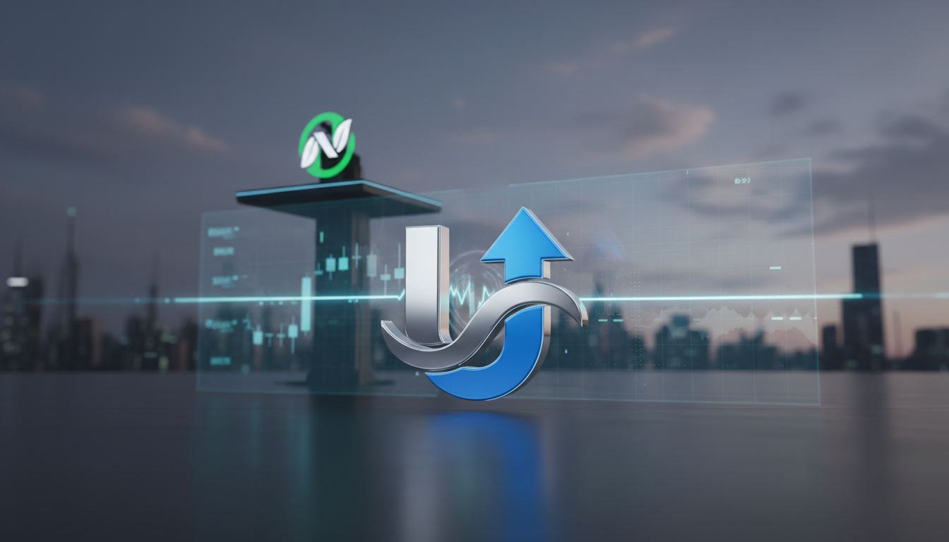 โลโก้ Upbit และ Naver Financial แสดงถึงการเลื่อนดีลแลกเปลี่ยนหุ้น ท่ามกลางกราฟการเงินที่ผันผวน