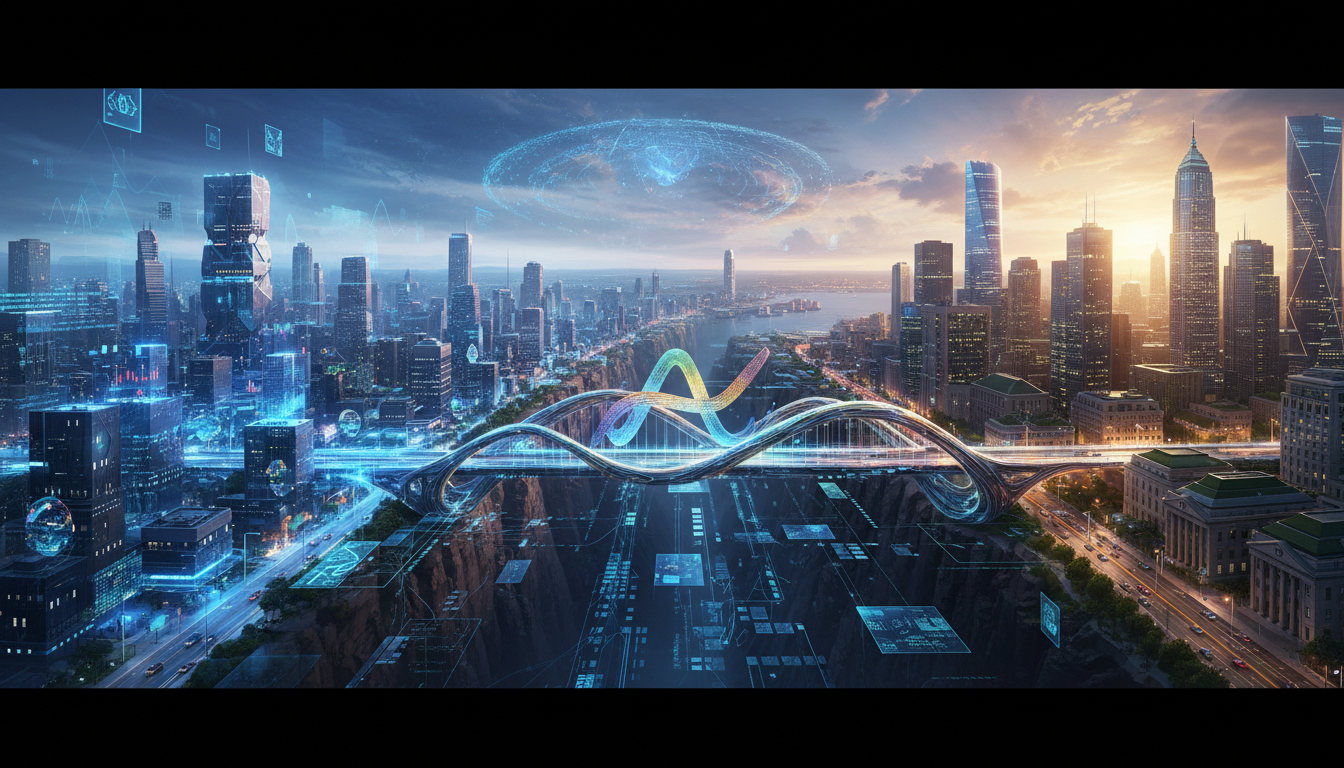 สะพานเชื่อมระหว่างโลก DeFi ดิจิทัลกับเมืองในโลกจริง สื่อถึง Aave v4 ที่เชื่อมโยงการเงินแบบกระจายอำนาจกับสินเชื่อโลกจริง