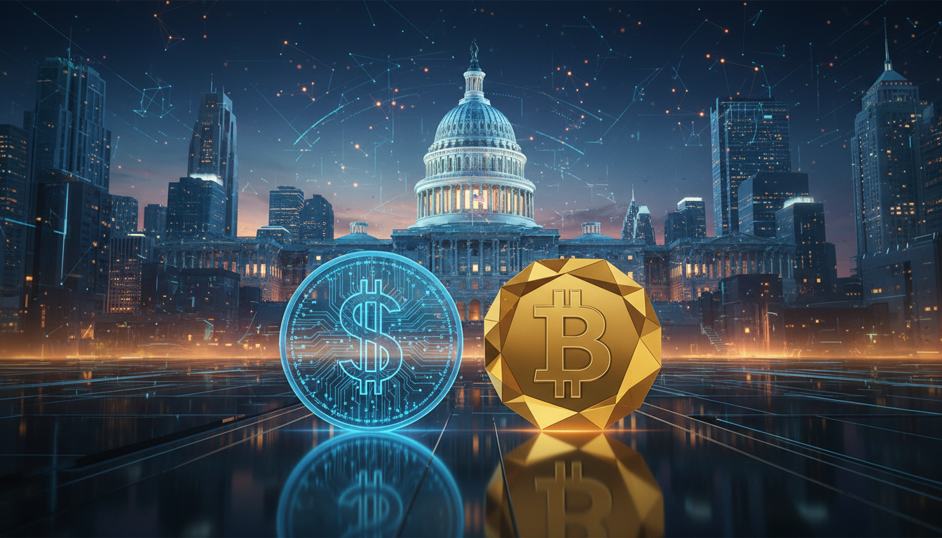 เหรียญเงินดอลลาร์ดิจิทัลและ Bitcoin สัญลักษณ์ของยุคการเงินดิจิทัล