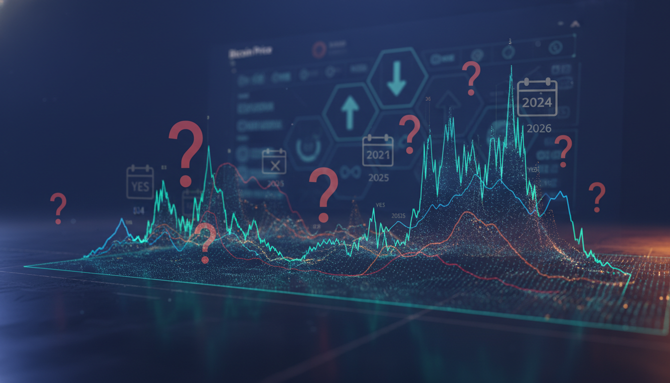 กราฟราคา Bitcoin พร้อมลูกศรแสดงแนวโน้มที่ไม่พุ่งขึ้น และสัญลักษณ์ตลาดทำนาย Polymarket