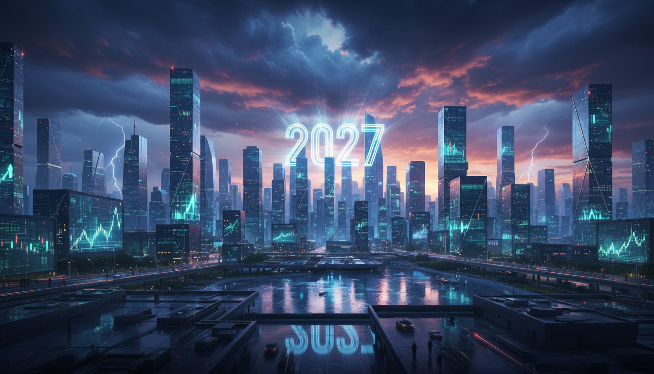 ภาพเมฆพายุเหนือเมืองดิจิทัล สื่อถึงแรงกดดันที่กำลังก่อตัวต่อตลาดทำนาย และผลกระทบที่อาจเกิดขึ้นในปี 2027