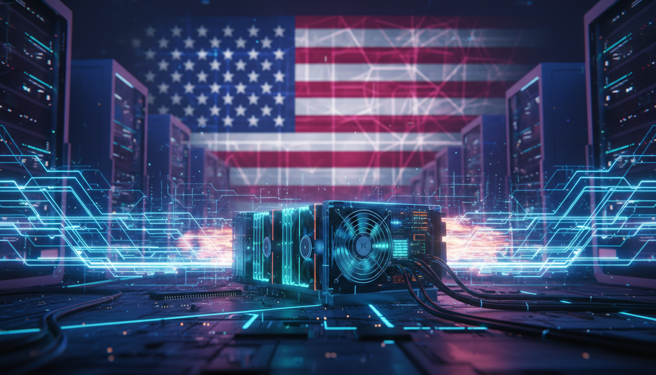 เครื่องขุด Bitcoin (ASIC) พร้อมธงชาติอเมริกัน สื่อถึงความพยายามของสหรัฐฯ ในการสร้างความเป็นอิสระในอุตสาหกรรมการขุด Bitcoin เพื่อความมั่นคง