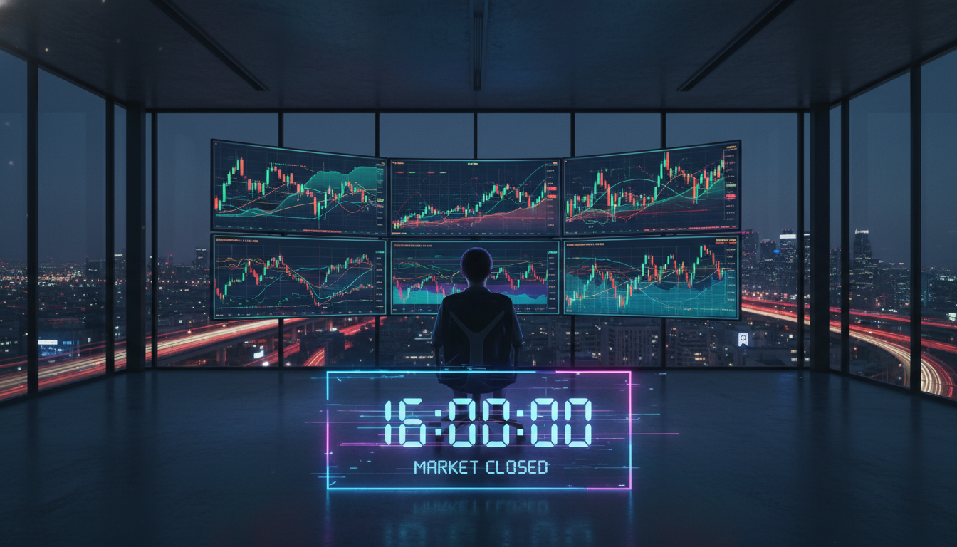 ภาพแสดงการซื้อขายหุ้นเด่นหลังตลาดปิด มีกราฟหุ้นและนาฬิกาดิจิทัลบ่งบอกเวลาหลังตลาดหลัก