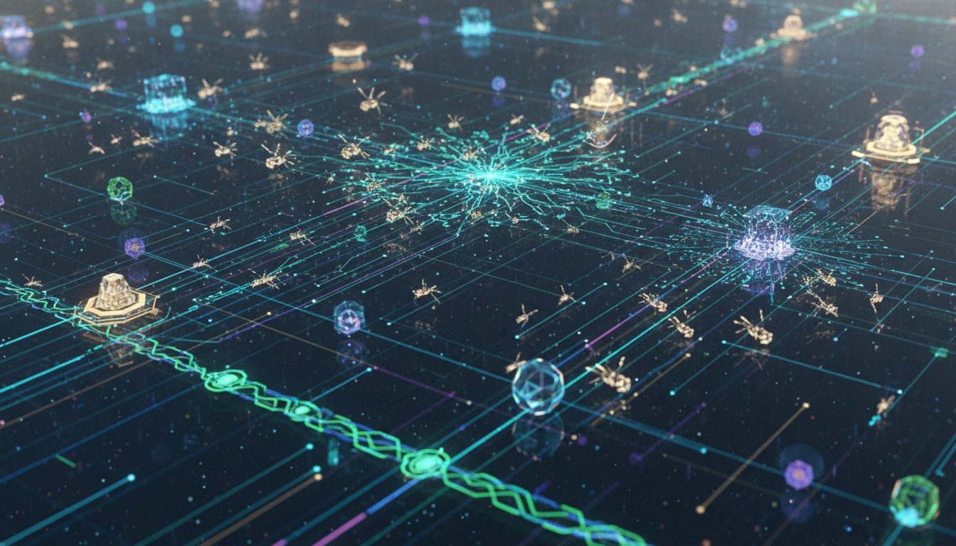 ภาพแสดงเครือข่ายบล็อกเชนดิจิทัลที่ซับซ้อน พร้อมตัวแทน AI วิเคราะห์ข้อมูลเพื่อความปลอดภัยและการตรวจสอบ Chainalysis