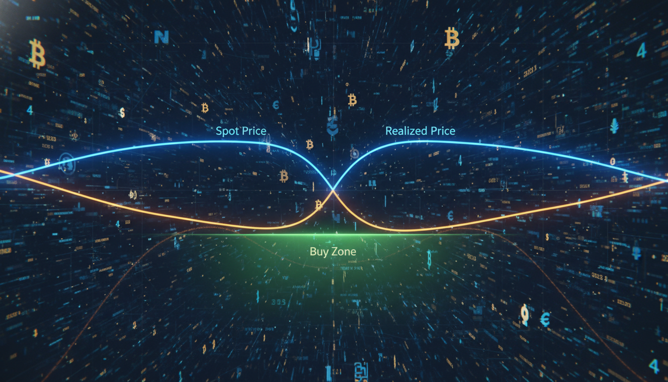 กราฟแสดงราคาบิตคอยน์ (Bitcoin) Spot Price และ Realized Price กำลังเข้าใกล้ 'โซนซื้อ' ในตลาดคริปโตเคอร์เรนซี
