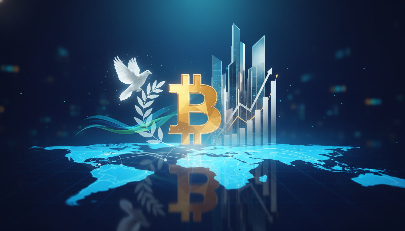 กราฟิกแสดงสัญลักษณ์บิตคอยน์ท่ามกลางภาพการเมืองโลกที่สงบสุข และการเติบโตของสถาบันการเงิน
