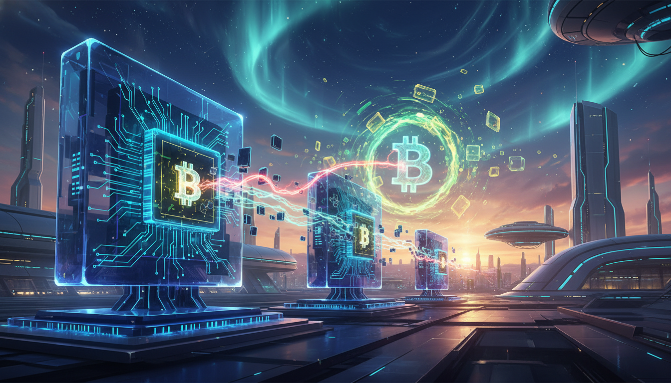 ภาพคอมพิวเตอร์ควอนตัมและสัญลักษณ์ Bitcoin แสดงถึงภัยคุกคามด้านความปลอดภัยของคอมพิวเตอร์ควอนตัมต่อบล็อกเชน