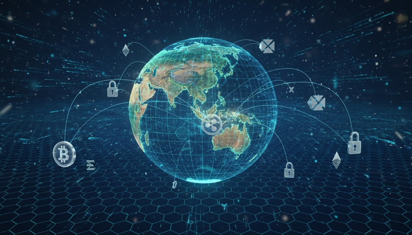 แผนที่โลกดิจิทัลแสดงออสเตรเลียเชื่อมโยงกับศูนย์กลางการเงินโลก สะท้อนกฎหมายคริปโตออสเตรเลียและใบอนุญาตบริการทางการเงิน