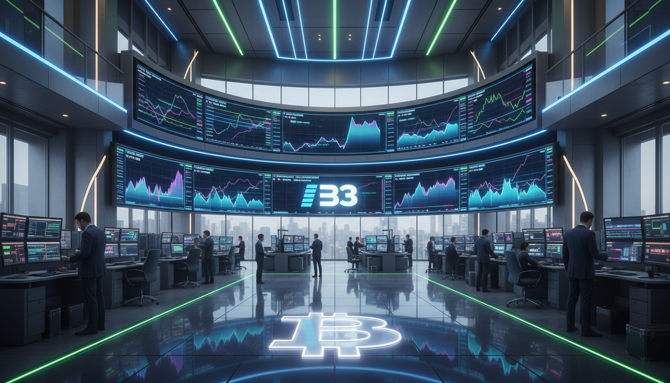 ภาพรวมตลาดหลักทรัพย์ B3 บราซิล พร้อมกราฟ Bitcoin และนักลงทุนมืออาชีพ