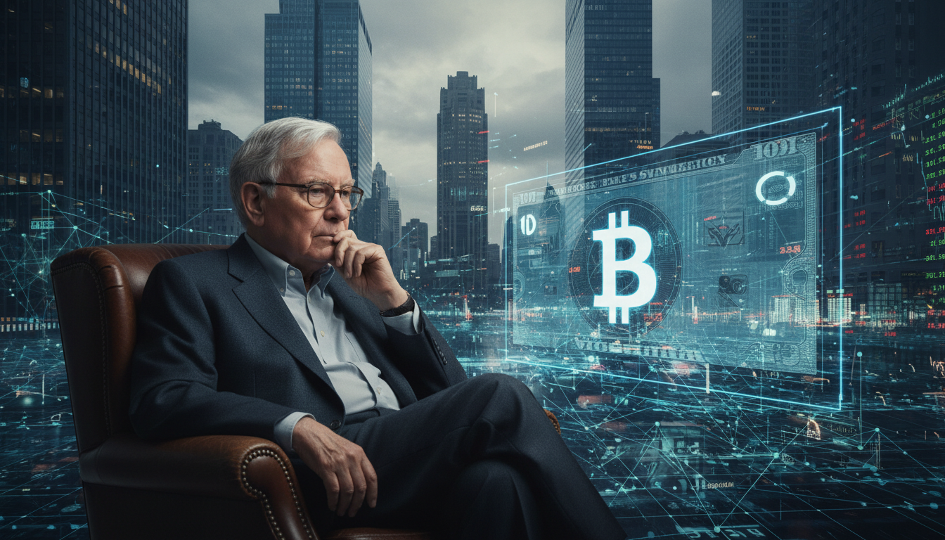 ภาพ Warren Buffett กับพันธบัตรรัฐบาลสหรัฐฯ และสัญลักษณ์ Bitcoin บ่งบอกถึงความกังวลในตลาดสินทรัพย์เสี่ยง