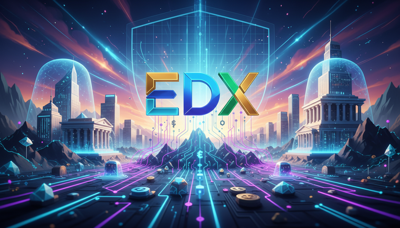 โลโก้ EDX กับสัญลักษณ์การเงินสถาบันและคริปโต แสดงถึงบริการรับฝากคริปโตที่ปลอดภัยและได้รับการกำกับดูแล