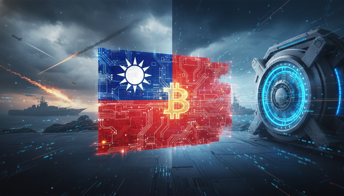 ธงชาติไต้หวันและโลโก้ Bitcoin สื่อถึงแนวคิด Bitcoin คลังสำรองของไต้หวันยามสงคราม