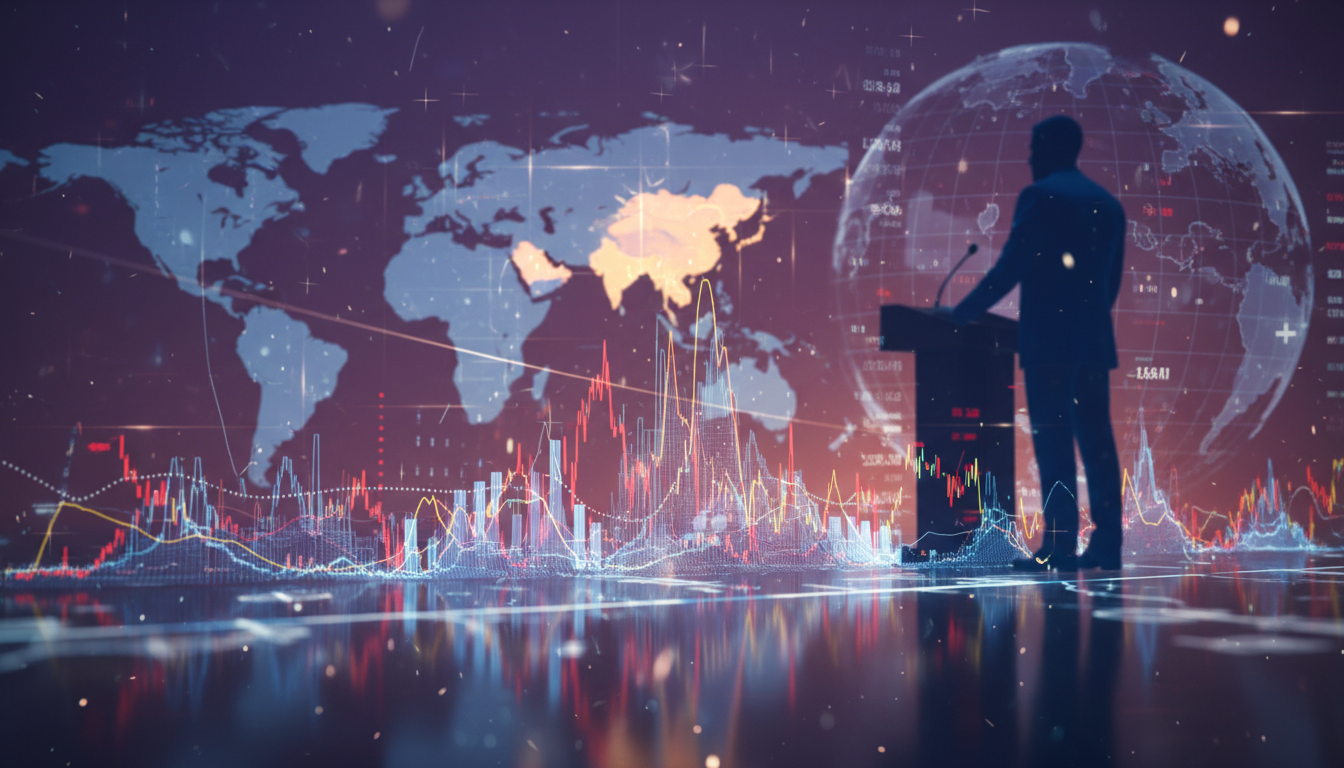 กราฟตลาดการเงินที่ผันผวนพร้อมสัญลักษณ์ความตึงเครียดทางภูมิรัฐศาสตร์ สะท้อนผลกระทบจากสถานการณ์อิหร่านต่อ Bitcoin และราคาน้ำมัน