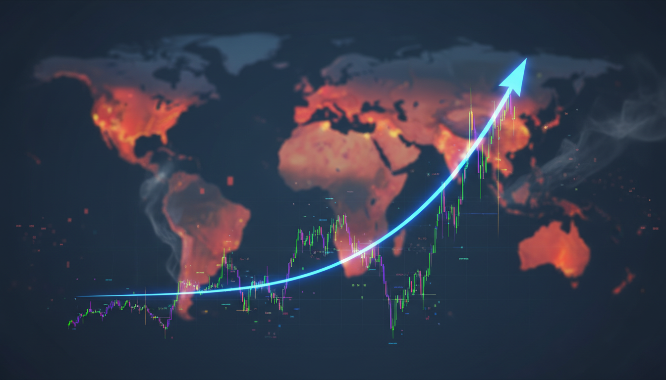 กราฟ Bitcoin ราคาที่ลดลงและกราฟดัชนีดอลลาร์สหรัฐฯ (DXY) ที่แข็งค่าขึ้นพร้อมภาพประกอบความตึงเครียดทางภูมิรัฐศาสตร์