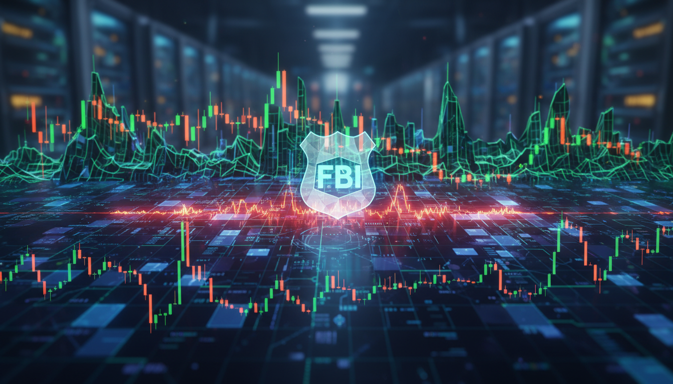 ภาพแสดงการปั่นวอลุ่ม Wash Trading คริปโต พร้อมโลโก้ FBI สื่อถึงการตรวจจับกลโกงในตลาดดิจิทัล