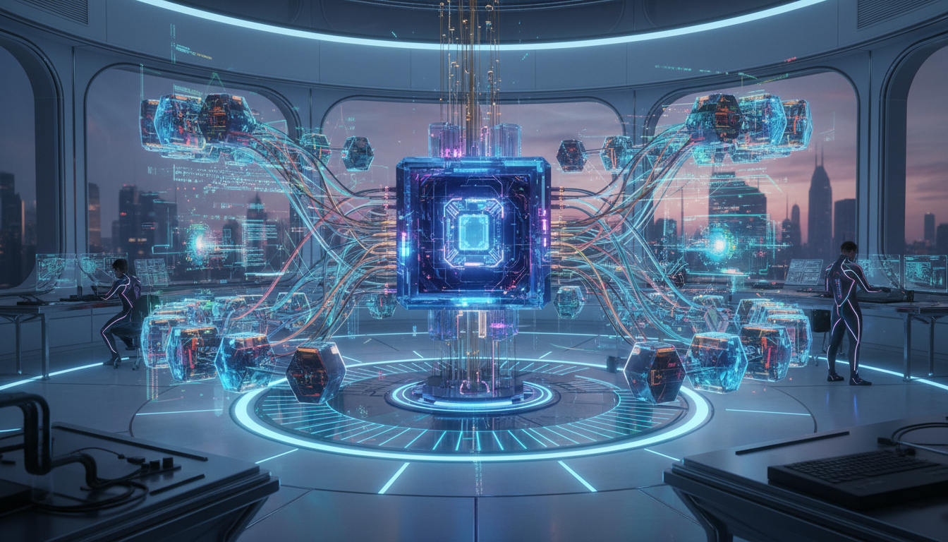 ภาพคอมพิวเตอร์ควอนตัมเชื่อมต่อกับเครือข่ายบล็อกเชน แสดงถึงการขุดคริปโตยุคใหม่