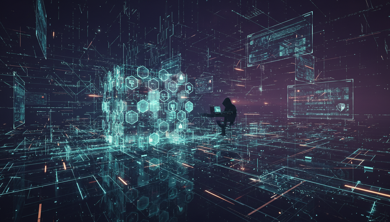 ภาพแนวคิดความปลอดภัยบล็อกเชนและการโจรกรรมคริปโต แสดงสัญลักษณ์บล็อกเชนและแฮกเกอร์เกาหลีเหนือที่อาจอยู่เบื้องหลังการแฮก Drift Protocol