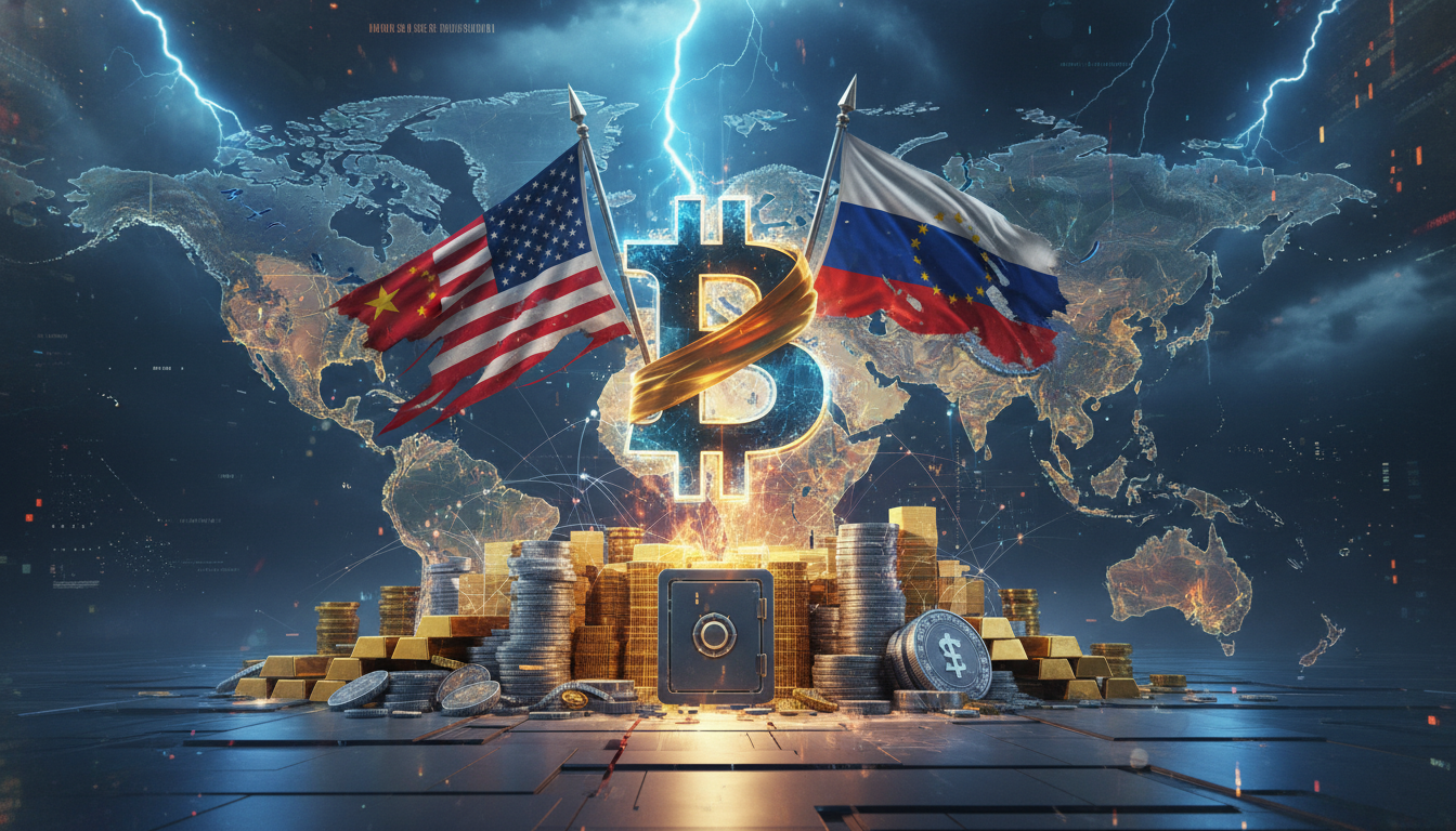 ภาพ Bitcoin สินทรัพย์สำรองท่ามกลางความเสี่ยงภูมิรัฐศาสตร์และการคว่ำบาตร แสดงธงชาติและแผนที่โลก