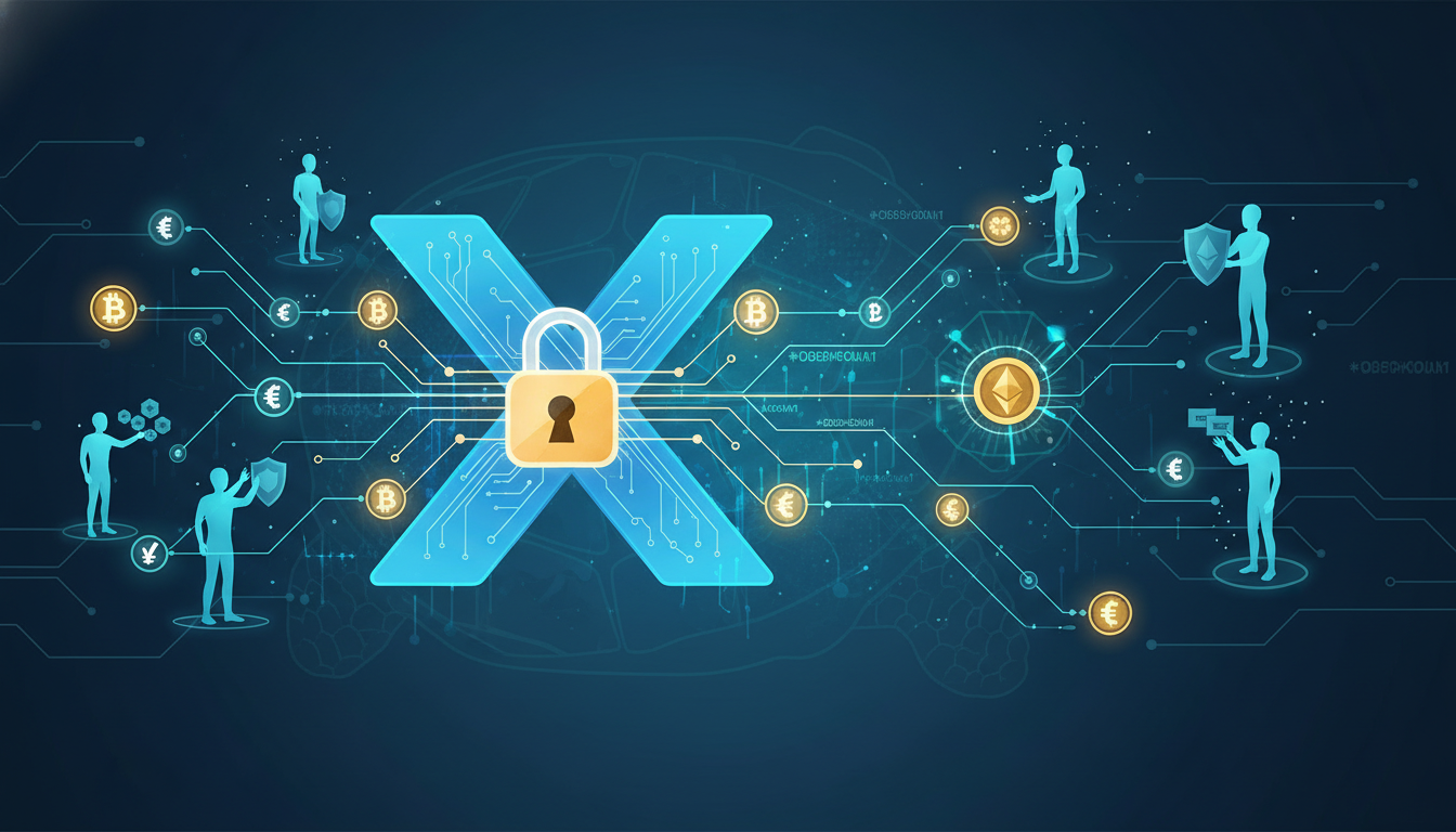 รูปภาพแสดงกฎใหม่ X คริปโตเพื่อความปลอดภัยในการโพสต์บนแพลตฟอร์ม X โดยมีสัญลักษณ์การยืนยันตัวตนและบล็อกเชน