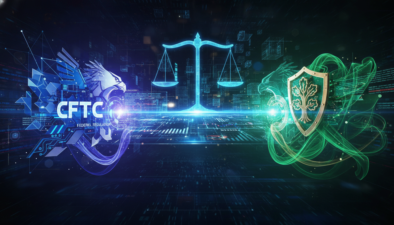 ภาพประกอบความขัดแย้งทางกฎหมายระหว่าง CFTC และรัฐต่างๆ เหนือตลาดทายผลคริปโต