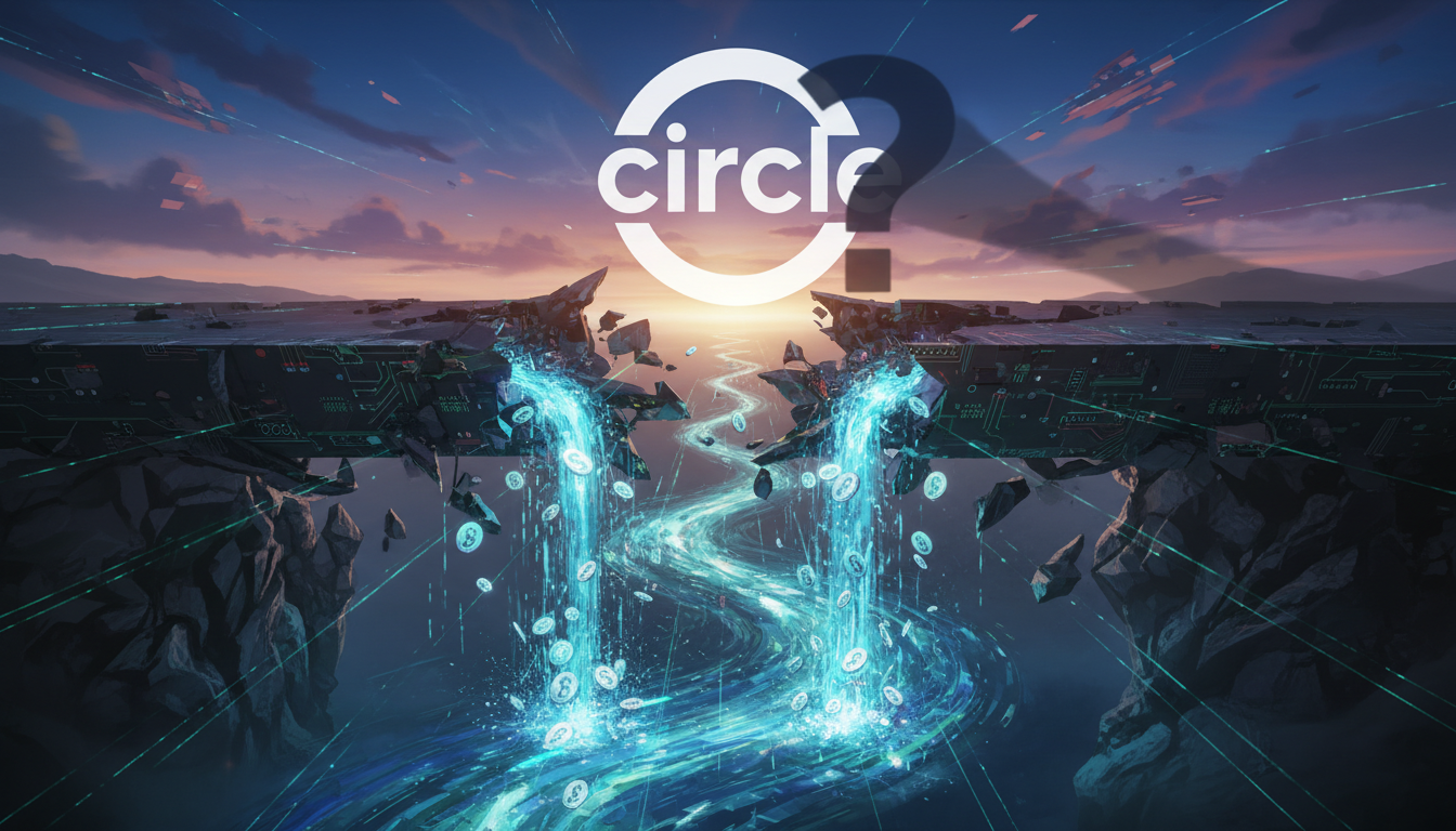 ภาพแนวคิดสะพานบล็อกเชนที่พังทลายและเงิน Circle USDC ไหลผ่าน สะท้อนถึงเงินที่ถูกแฮกจากการโจมตี Drift Protocol