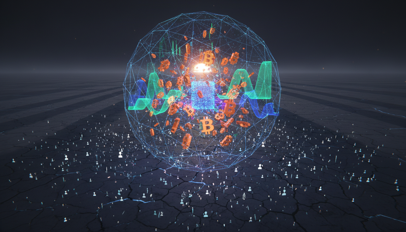 กราฟแสดงการหดตัวของตลาด Bitcoin พร้อมสัญลักษณ์ Bitcoin และกราฟการเงิน