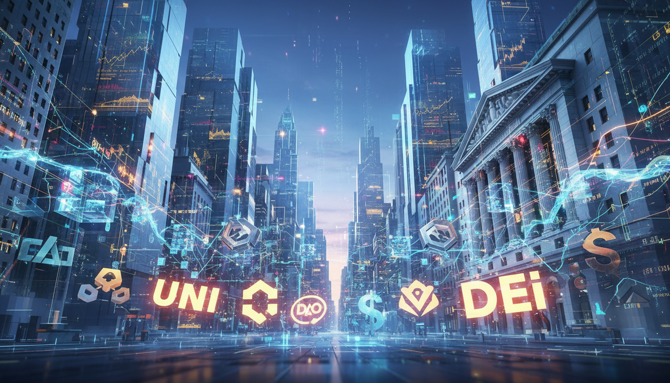 ภาพแสดงอาคารวอลล์สตรีทในโลกดิจิทัล ที่มีเครือข่ายบล็อกเชนเชื่อมโยงกับโลโก้ DeFi สื่อถึงการแข่งขันของ วอลล์สตรีท On-Chain และการเงินแบบกระจายศูนย์