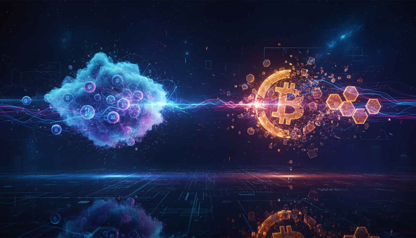 ภาพแนวคิดการปะทะกันระหว่างคอมพิวเตอร์ควอนตัมและบล็อกเชน Bitcoin แสดงภัยคุกคามจากควอนตัมต่อความปลอดภัยของคริปโต