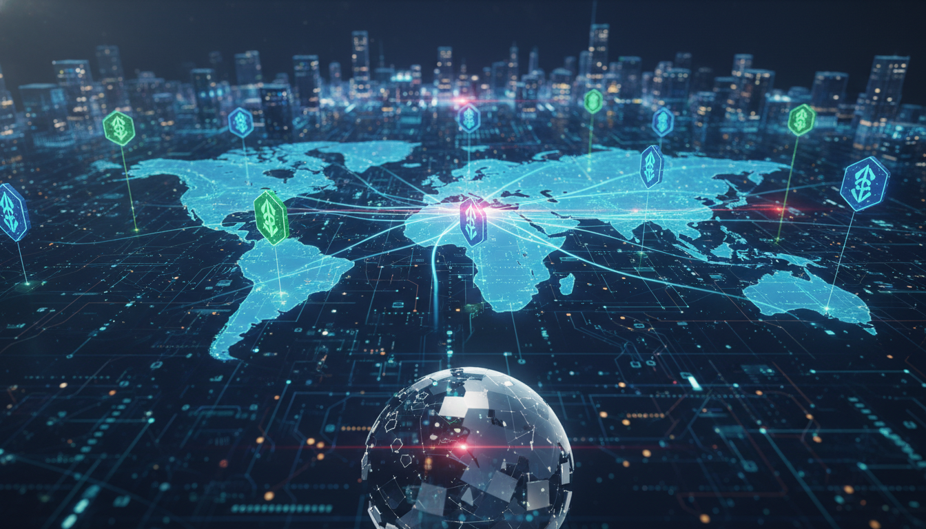 ภาพแสดงแนวคิดโทเคนไนซ์เซชัน สินทรัพย์ดิจิทัล เชื่อมโยงกับตลาดการเงินโลก โดยมีกราฟแสดงความผันผวนและสัญลักษณ์ความเสี่ยงที่ IMF เตือน