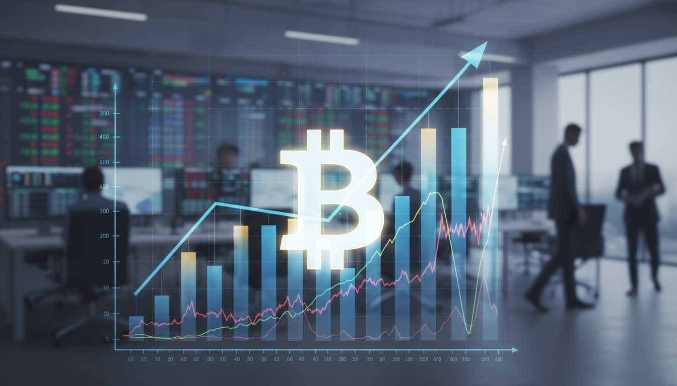 กราฟเศรษฐกิจที่พุ่งสูงพร้อมโลโก้ Bitcoin สื่อถึงรายงานการจ้างงานสหรัฐฯ และผลกระทบต่อตลาดคริปโต