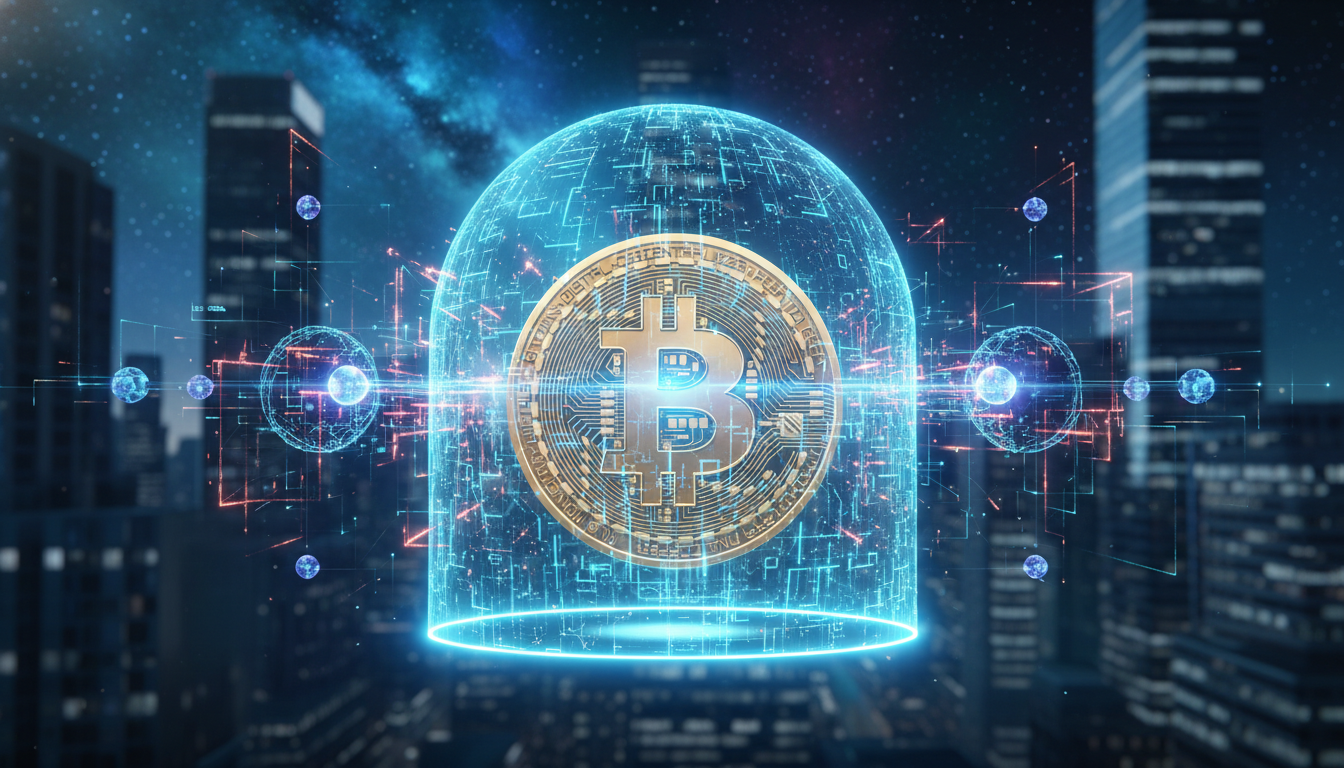 โลโก้ Bitcoin ถูกปกป้องด้วยเกราะแห่งอนาคต สื่อถึงการรับมือภัยคุกคามจากควอนตัม