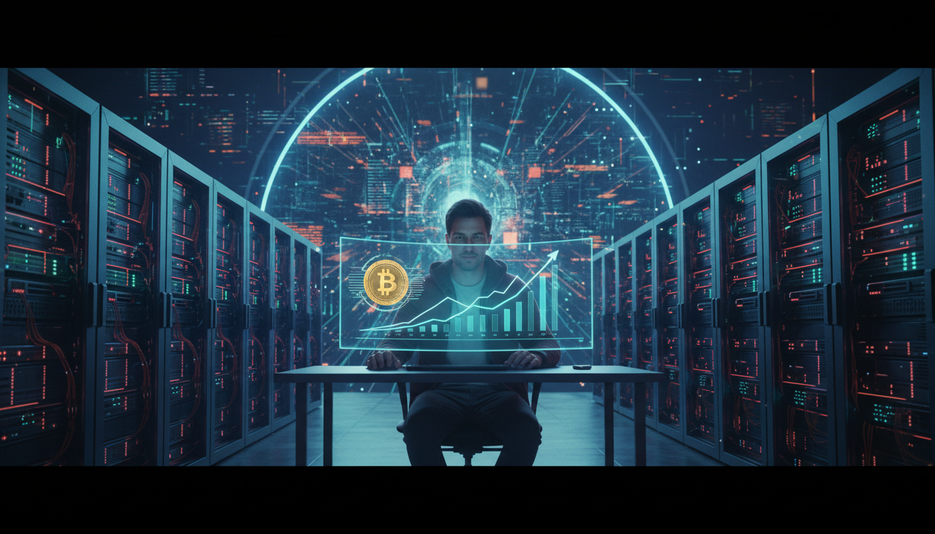 ภาพนักขุด Bitcoin โซโล่ กำลังมองหน้าจอคอมพิวเตอร์ที่แสดงความสำเร็จในการขุด Block Reward พร้อมแสงไฟจากเครื่องขุด สะท้อนความสำเร็จและความโชคดี