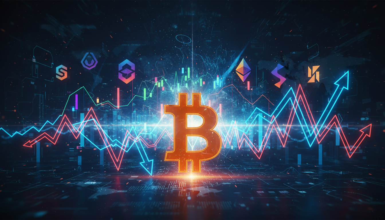 กราฟราคา Bitcoin แสดงความผันผวน พร้อมสัญลักษณ์ Altcoin และภาพรวมตลาดการเงินโลก