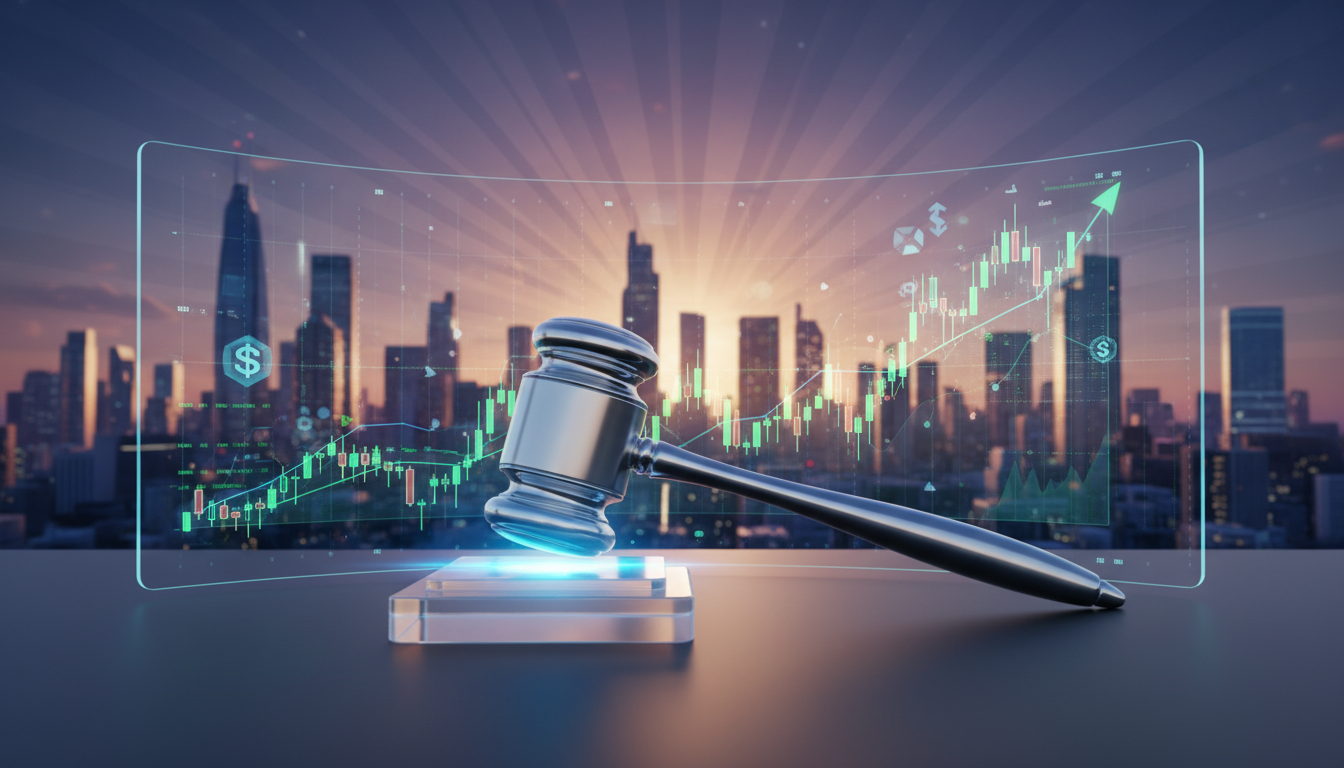 ค้อนศาลบนพื้นหลังกราฟดิจิทัล แสดงถึงคำตัดสินศาลต่อ Kalshi ตลาดพยากรณ์