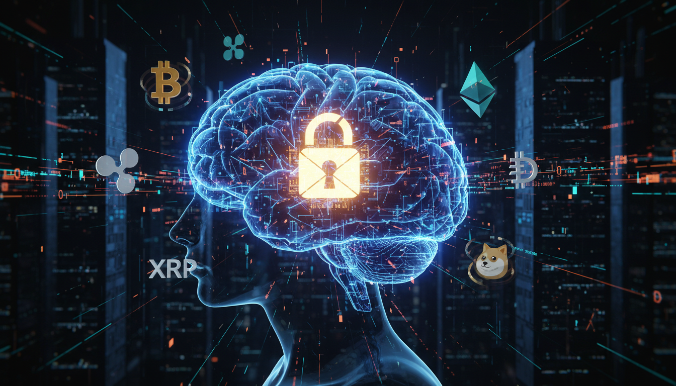 ภาพประกอบแสดงสมอง AI ที่มีกุญแจดิจิทัลล้อมรอบด้วยสัญลักษณ์คริปโต แสดงถึงความเสี่ยงด้านความปลอดภัยของ AI ในอุตสาหกรรมคริปโต