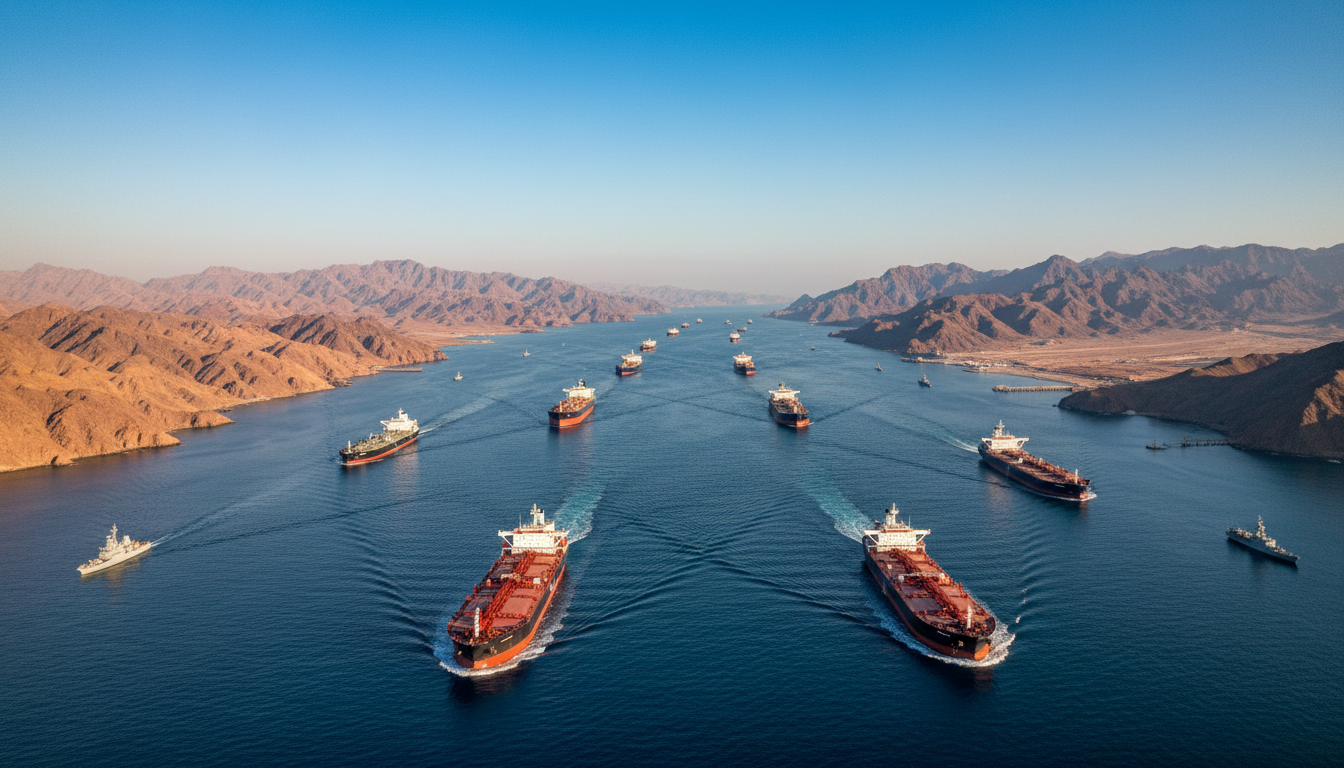 ภาพเรือบรรทุกน้ำมันขนาดใหญ่แล่นผ่าน ช่องแคบฮอร์มุซ ซึ่งเป็นเส้นทางสำคัญของการขนส่งน้ำมันโลก