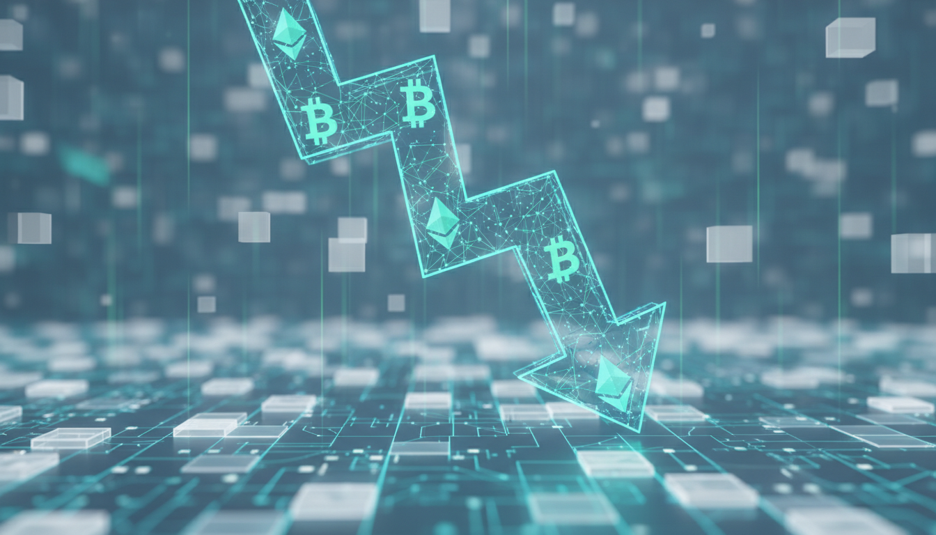 กราฟแท่งและลูกศรชี้ลงบนพื้นหลัง Bitcoin สื่อถึงสัญญาณราคาดิ่งจากตลาด Options Bitcoin