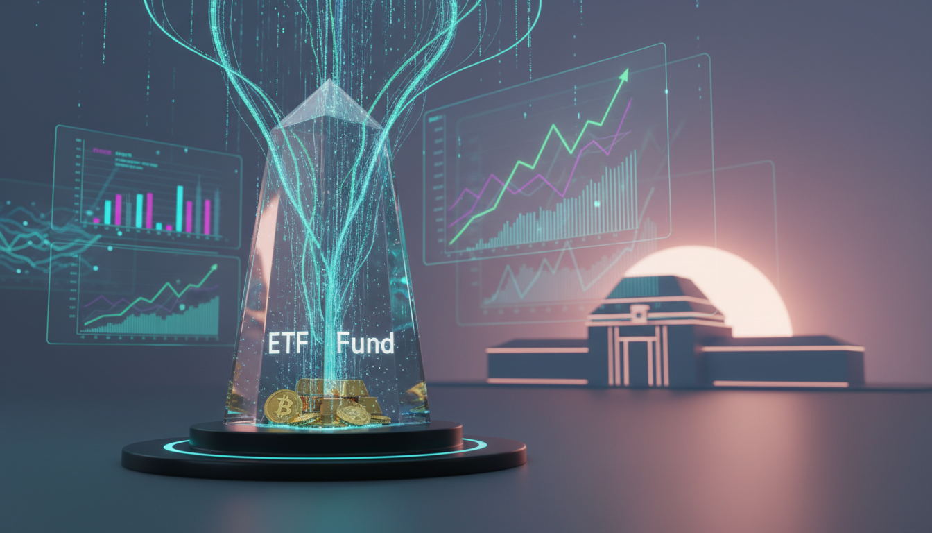 ภาพแสดงเงินไหลเข้า Bitcoin ETF พร้อมกราฟการเงินและสัญลักษณ์ Fed