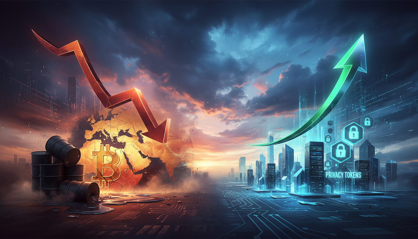 กราฟราคา Bitcoin แสดงถึงความผันผวนและปัจจัยกดดันจากราคาน้ำมันและความตึงเครียดอิหร่าน พร้อมภาพโทเค็น AI และ Privacy ที่แข็งแกร่ง