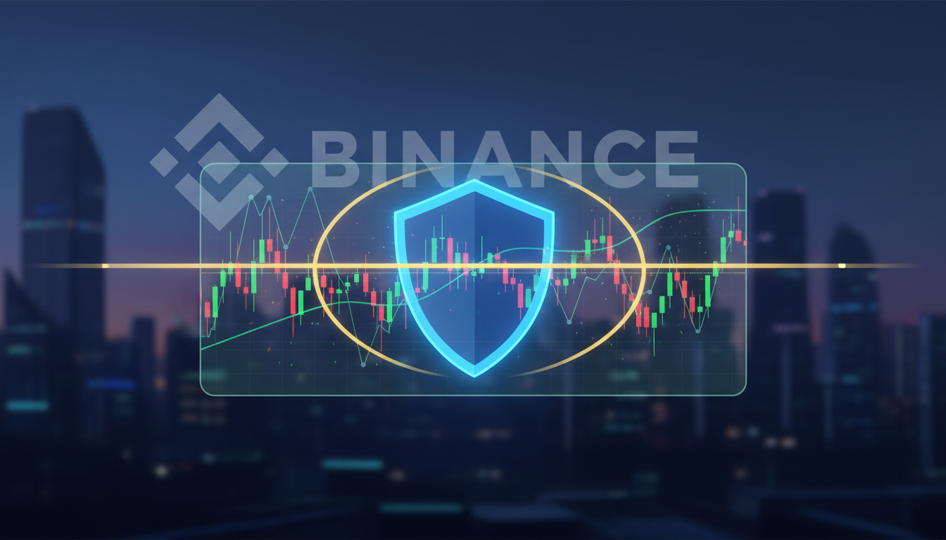 ภาพประกอบ Binance Spot Guardrails แสดงโล่ดิจิทัลปกป้องกราฟการซื้อขายคริปโตจากความผันผวน