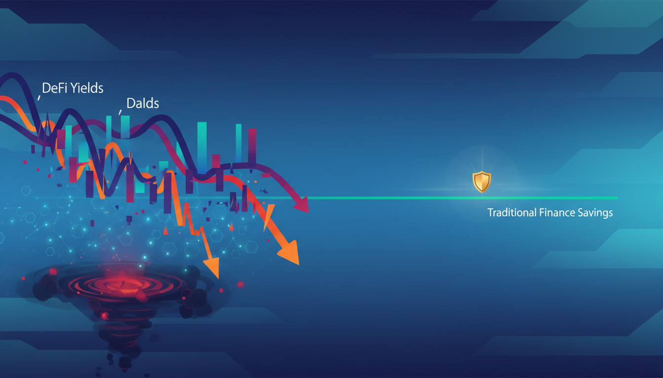 กราฟแสดงผลตอบแทน DeFi ที่ลดต่ำลงจนไม่สามารถแข่งขันกับอัตราดอกเบี้ยเงินฝากธนาคารได้ สะท้อนถึงความเสี่ยงที่เพิ่มขึ้นในตลาดคริปโต