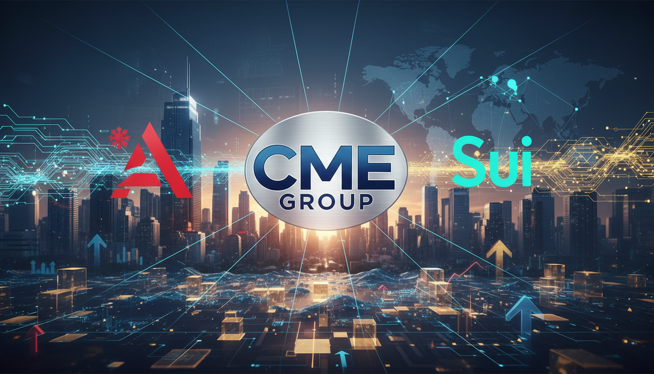 โลโก้ CME Group พร้อม Avalanche (AVAX) และ Sui (SUI) แสดงการขยายฟิวเจอร์สคริปโต