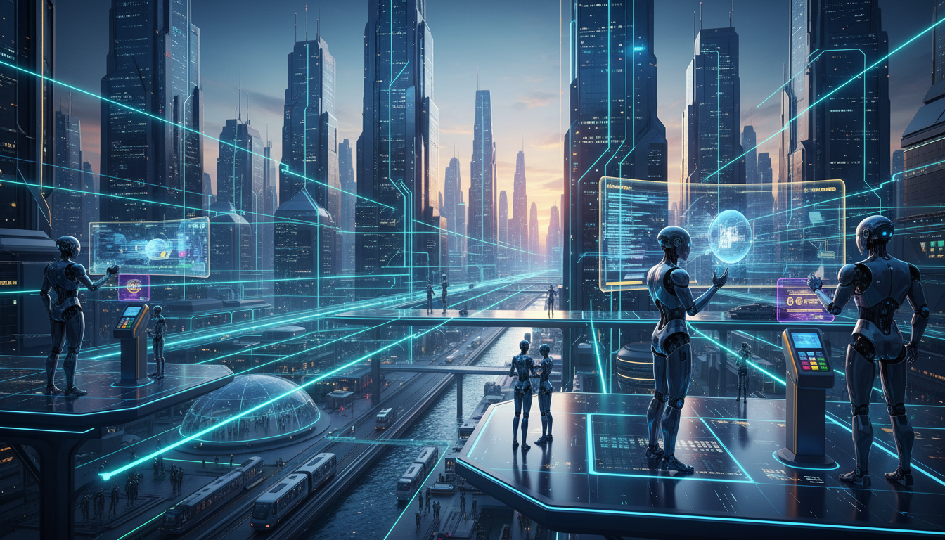 ภาพเมืองดิจิทัลแห่งอนาคต แสดงการชำระเงินด้วย AI Agents บนเครือข่าย Solana ที่รวดเร็วและปลอดภัย