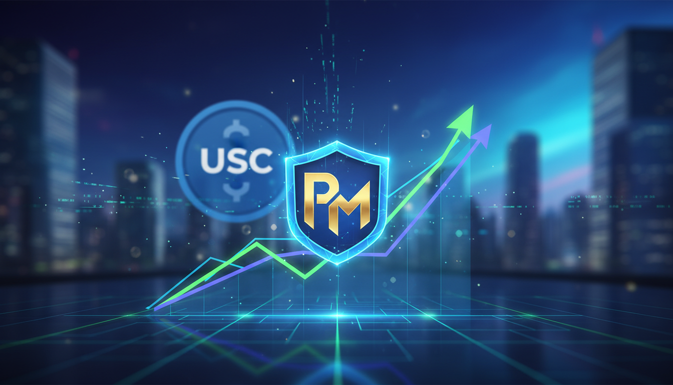 ภาพแสดงเหรียญ Polymarket USD Stablecoin ซ้อนทับบนกราฟทางการเงิน โดยมีโลโก้ USDC อยู่ด้านหลัง สื่อถึงความสัมพันธ์เชิงเสริมกัน