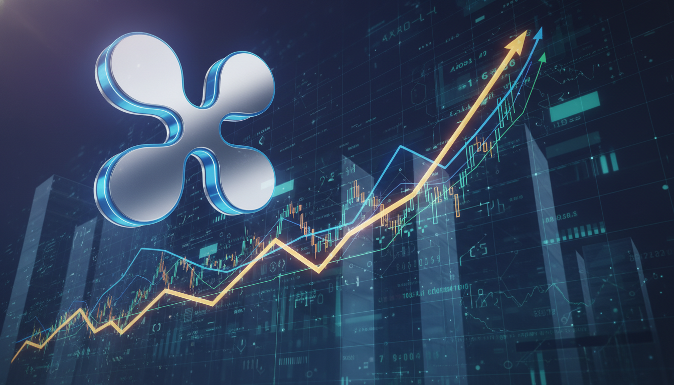 กราฟราคา XRP ดีดตัวขึ้น 5% ตามแรงหนุนของ Bitcoin พร้อมสัญลักษณ์ของนักลงทุนสถาบันและวาฬ
