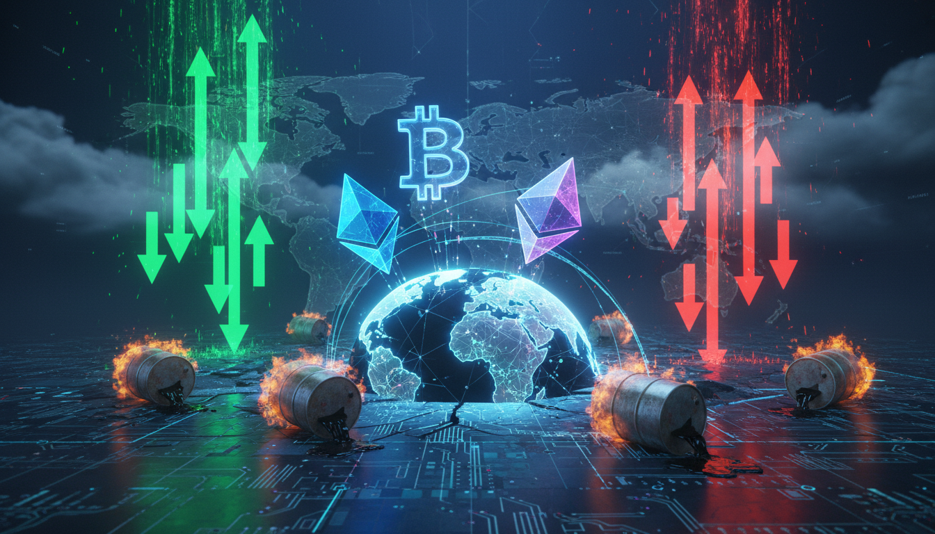 กราฟราคา Bitcoin และ Ether พุ่งทะยาน พร้อมภาพแผนที่ภูมิรัฐศาสตร์และสัญลักษณ์น้ำมัน หลังข่าวหยุดยิงอิหร่าน ทำให้นักลงทุนชอร์ตเซล Bitcoin ขาดทุนมหาศาล