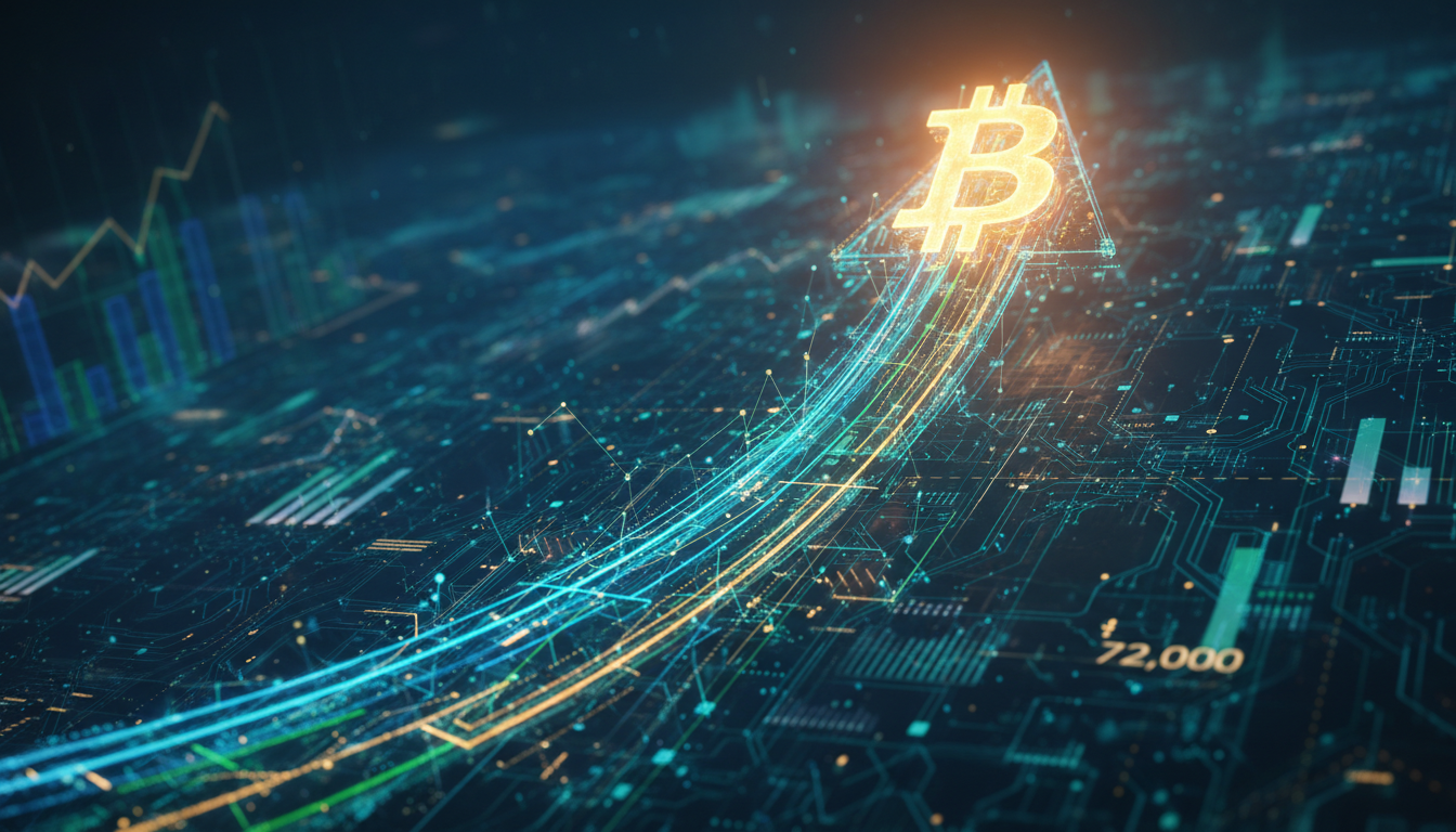 ภาพประกอบเชิงนามธรรมแสดงความต้องการ Bitcoin ที่เพิ่มขึ้น พร้อมกราฟและสัญลักษณ์ Bitcoin ที่พุ่งขึ้นสู่ระดับ 72,000 ดอลลาร์